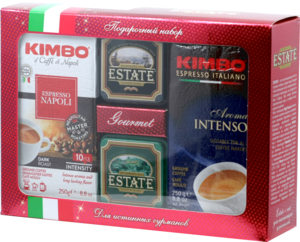 Kimbo. Новый год. Подарочный набор (красный) кофе Kimbo 250 г 2 шт и чай Estate 45 г 2 шт 590 гр. карт.упаковка