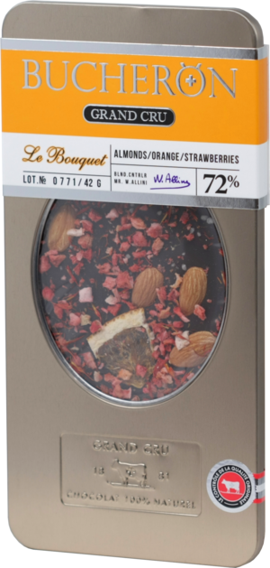 BUCHERON. Grand Cru Le Bouquet 72 % горький шоколад с миндалем, апельсином и клубникой 100 гр. жест.банка
