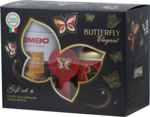 Kimbo. Новый год. Butterfly. Подарочный набор Кофе (Молотый) + Чай (Кенийский) + Кулон 350 гр. карт.упаковка
