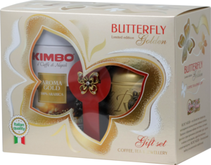 Kimbo. Новый год. Butterfly. Подарочный набор Кофе (Молотый) + Чай (Кенийский) + Брошь 350 гр. карт.упаковка